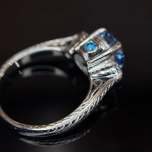 2.55 ctw Old European Cut Blue Lab and Natural Diamond Wedding Set - Picture 10 of 17